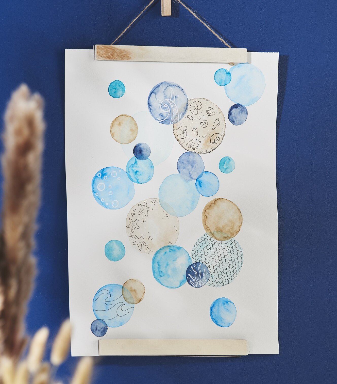 Maritimes Aquarellbild mit Meerestieren