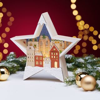 Dřevěný hvězdicový osvětlený obrázek s domky