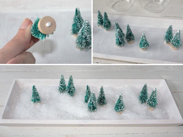 Winterlandschaft: Tablett dekorieren Das Tablett dekorieren mit den Tannenbäumen für die Beleuchtungsdeko