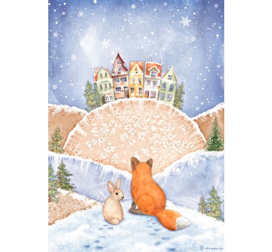 "Zimní údolí - liška a zajíc" s motivem slámového hedvábí