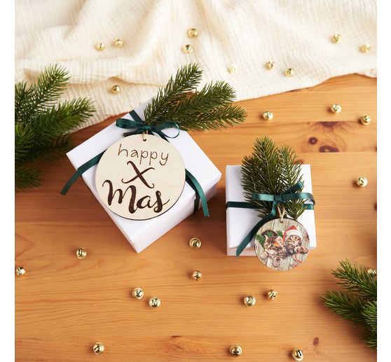 Wooden decoration pendant "Round" with ribbon, set of 4