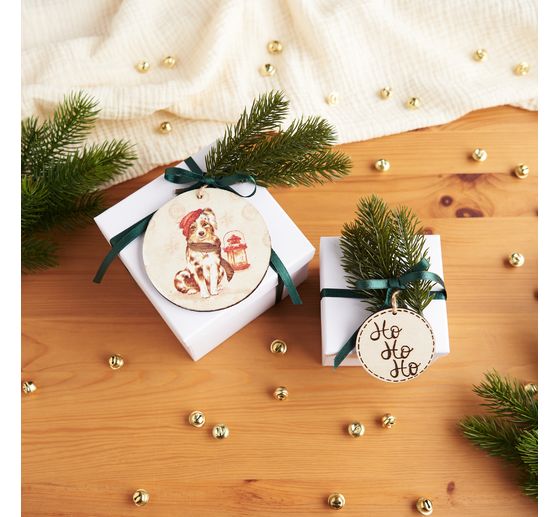 Wooden decoration pendant "Round" with ribbon, set of 4