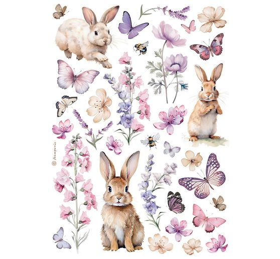 Motif straw silk "Rabbits and butterflies"