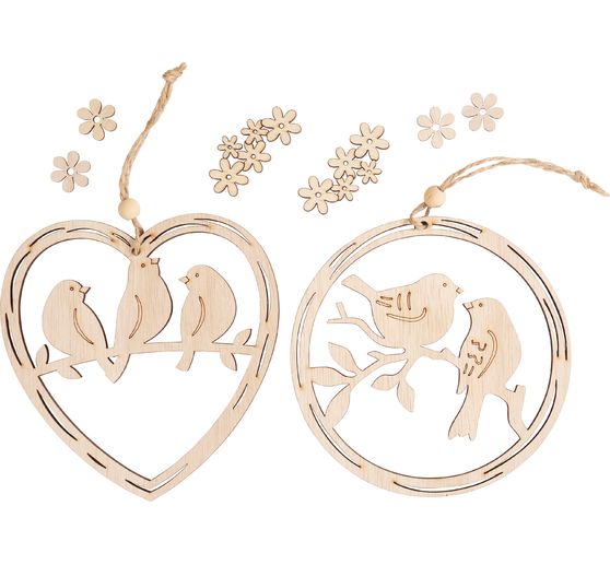 VBS Dekorativn&iacute; př&iacute;věsky "Věnce a srdce s pt&aacute;k", sada 2 kusů