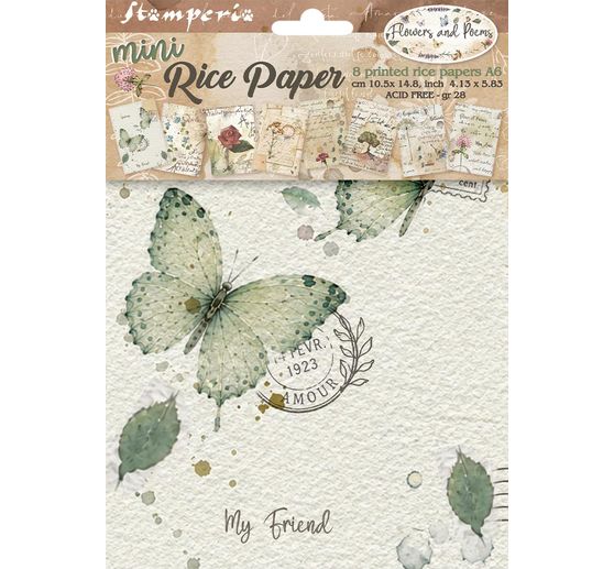 Motiv r&yacute;žov&yacute; pap&iacute;r sada Stamperia "Flowers and Poems", DIN A6, sada 8 kusů