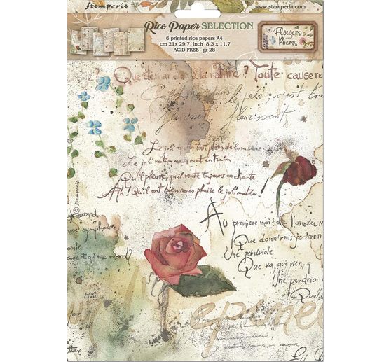 Motiv r&yacute;žov&yacute; pap&iacute;r sada Stamperia "Flowers and Poems", DIN A4, 6 kusů