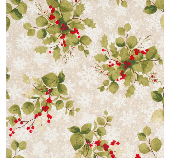 Motif fabric in linen look "Berry twig and snowflakes", acrylic-coated