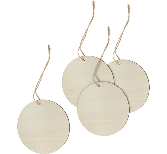 Wooden decoration pendant "Round" with ribbon, set of 4